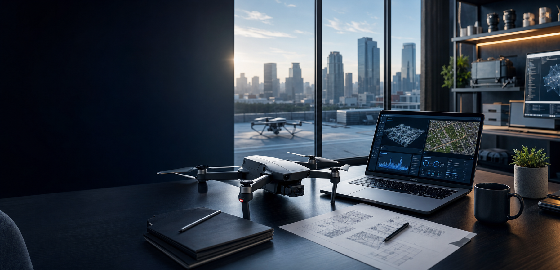 Modern drone, AI data analysis, and product development workspace